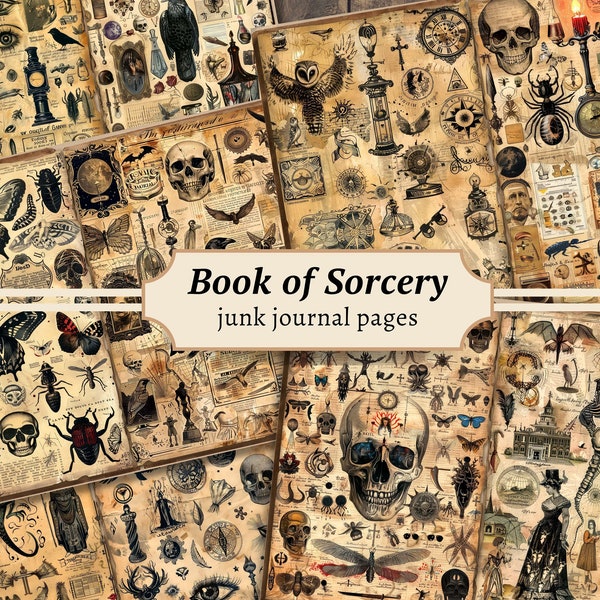 Book of Sorcery Junk Journal Pages, Digital Scrapbook Paper Kit, Mystic Witch Printable, Gothic BOS Collage Sheet, Vintage Occult Grimoire