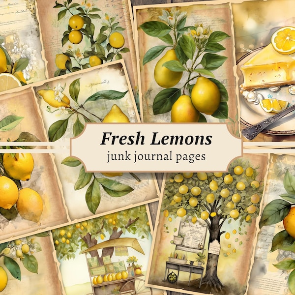 Lemon Junk Journal Pages, Digital Watercolor Scrapbook Paper, Printable Collage Sheet, Summer Fruit Craft Kit, Vintage Ephemera, Journaling