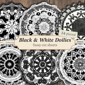 Guardanapos de Papel Preto e Branco com Cortes Exquisitos, Artigos Digitais, Imprimíveis Vintage, Kit de Diário de Guardanapos, Papel para Scrapbook, Economizador de Tinta, Folha de Colagem