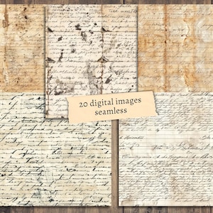 Op de afbeelding: 20 digitale afbeeldingen van naadloze vintage papiertexturen met handschrift in zwarte inkt op een cr&egrave;mekleurige achtergrond. Het papier heeft een verweerde, verouderde uitstraling met bruine vlekken en kreukels.