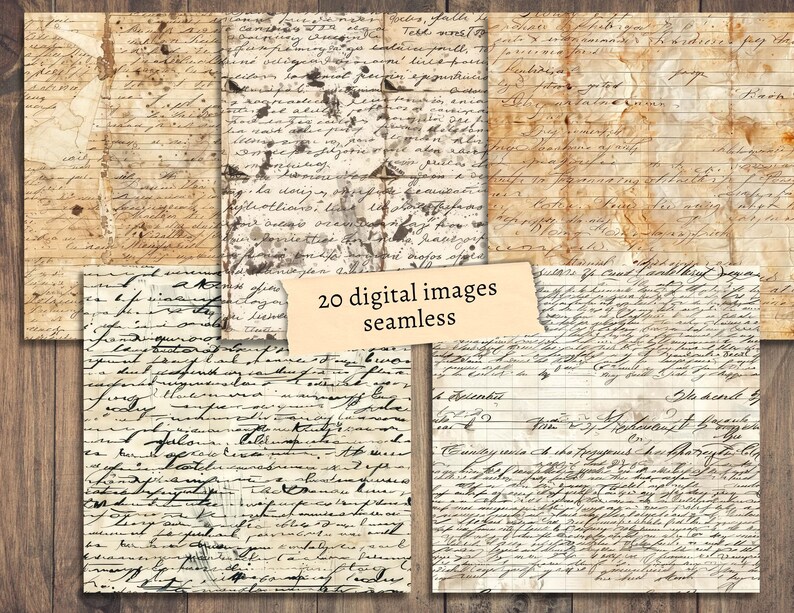 Op de afbeelding: 20 digitale afbeeldingen van naadloze vintage papiertexturen met handschrift in zwarte inkt op een cr&egrave;mekleurige achtergrond. Het papier heeft een verweerde, verouderde uitstraling met bruine vlekken en kreukels.