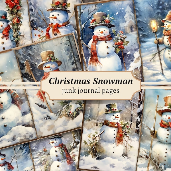 Snowman Junk Journal Pages, Digital Scrapbook Paper Kit, Christmas Printable, Holiday Collage Sheet, Vintage Winter Ephemera, Snow Download