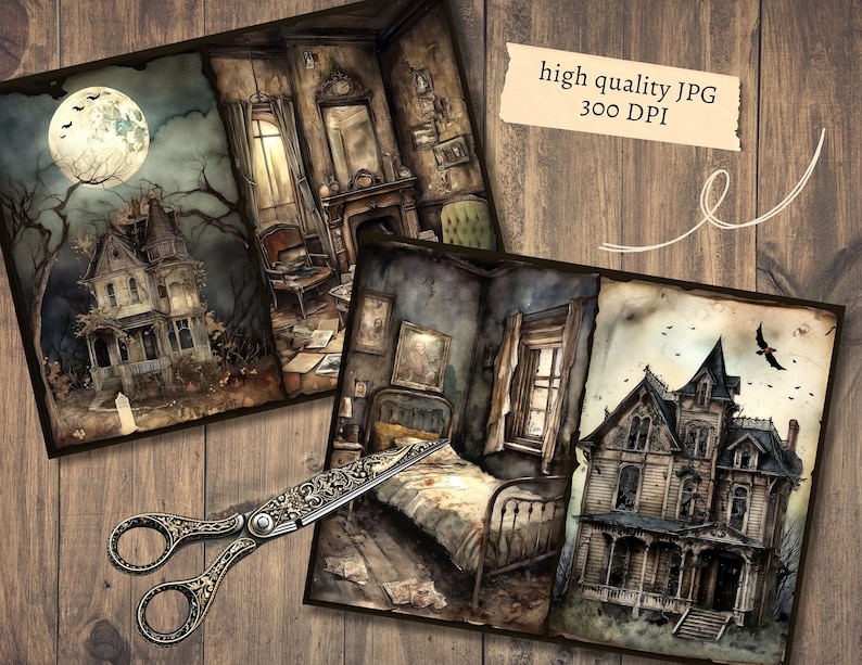 Haunted House Junk Journal Pages, Digital Scrapbook Paper Kit, Creepy ...