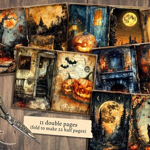 Może przedstawiać: Zestaw 11 dwustronnych kartek papieru do scrapbookingu w stylu Halloween. Kartki zawierają obrazy dyni, nawiedzonego domu, czarnego kota i pełni księżyca. Tekst "11 podw&oacute;jnych stron (składaj, aby uzyskać 22 p&oacute;łstrony)" jest wydrukowany na dole obrazu.