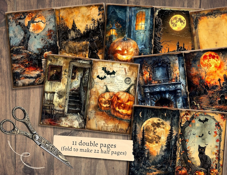 Może przedstawiać: Zestaw 11 dwustronnych kartek papieru do scrapbookingu w stylu Halloween. Kartki zawierają obrazy dyni, nawiedzonego domu, czarnego kota i pełni księżyca. Tekst "11 podw&oacute;jnych stron (składaj, aby uzyskać 22 p&oacute;łstrony)" jest wydrukowany na dole obrazu.