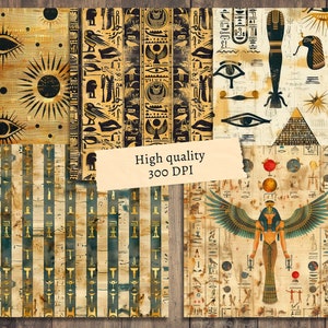 May include: A set of six digital paper designs featuring Egyptian motifs in gold, black, and blue. The designs include hieroglyphs, eyes of Horus, pyramids, and other symbols. High quality 300 DPI.