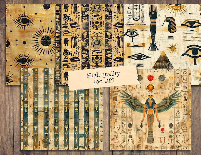 May include: A set of six digital paper designs featuring Egyptian motifs in gold, black, and blue. The designs include hieroglyphs, eyes of Horus, pyramids, and other symbols. High quality 300 DPI.