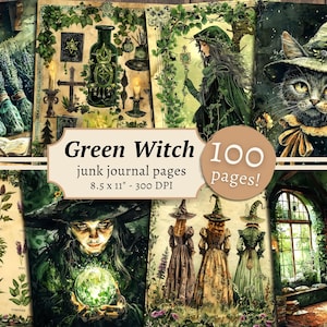 Green Witch Junk Journal Pages, Digital Scrapbook Paper, Spell Book Printable, Mystic Potion, Fantasy Background, Forest Fairy Collage Sheet