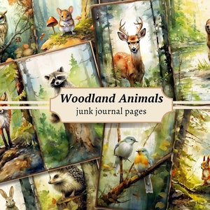 Woodland Animals Junk Journal Pages, Digital Scrapbook Paper Kit, Forest Printable, Watercolor Woods Collage Sheet, Vintage Nature Ephemera