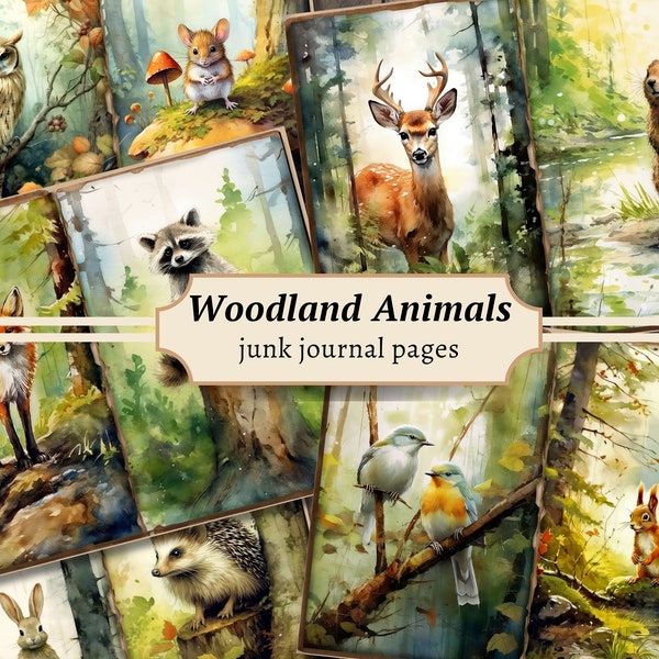 Woodland Animals Junk Journal Pages, Digital Scrapbook Paper Kit, Forest Printable, Watercolor Woods Collage Sheet, Vintage Nature Ephemera