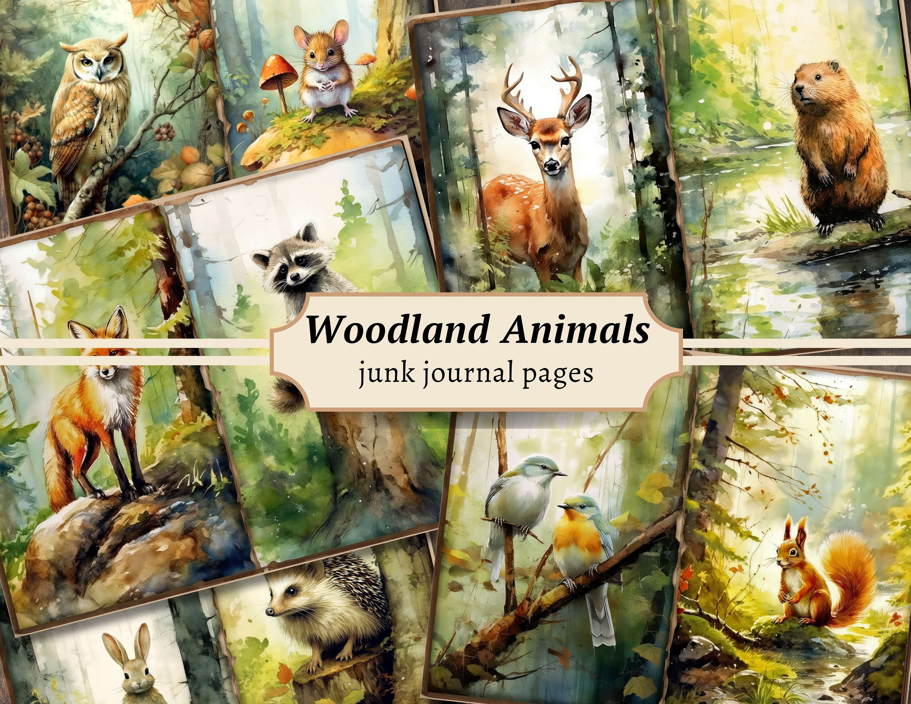 Woodland Animals Junk Journal Pages, Digital Scrapbook Paper Kit, Forest Printable, Watercolor Woods Collage Sheet, Vintage Nature Ephemera
