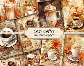 Mysiga kaffe-skräpjournalsidor, digitalt scrapbook-papperskit, utskrivbart höst, cafécollageark, vintage höst-ephemera, kanelnedladdning