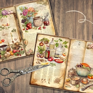 Puede incluir: Dos libros de recetas de estilo vintage abiertos con ilustraciones de comida y hierbas. Los libros est&aacute;n abiertos en p&aacute;ginas con texto escrito a mano y recetas. Las p&aacute;ginas est&aacute;n envejecidas y tienen un aspecto amarillento.