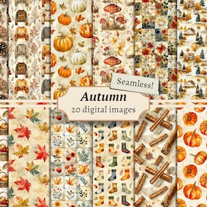 Automne Papiers numériques, Arrière-plans de scrapbooking, Citrouille d'automne à imprimer, Motifs feuilles sans couture, Pages de carnet vintage, Cartes Woodland