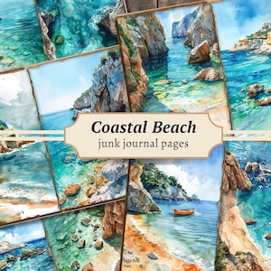 Pages de journal indésirable de plage côtière, kit de papier de scrapbooking numérique, impression nautique, feuille de collage de mer, téléchargement océan vintage, fabrication de cartes