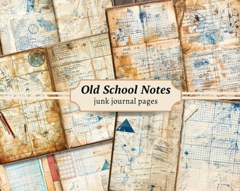 Alte Schulnotizen Junk Journal Seiten, Digitales Scrapbook Papier Kit, Studie zum Ausdrucken, Scholar Graph Collage Sheet, Vintage handgeschriebene Ephemera