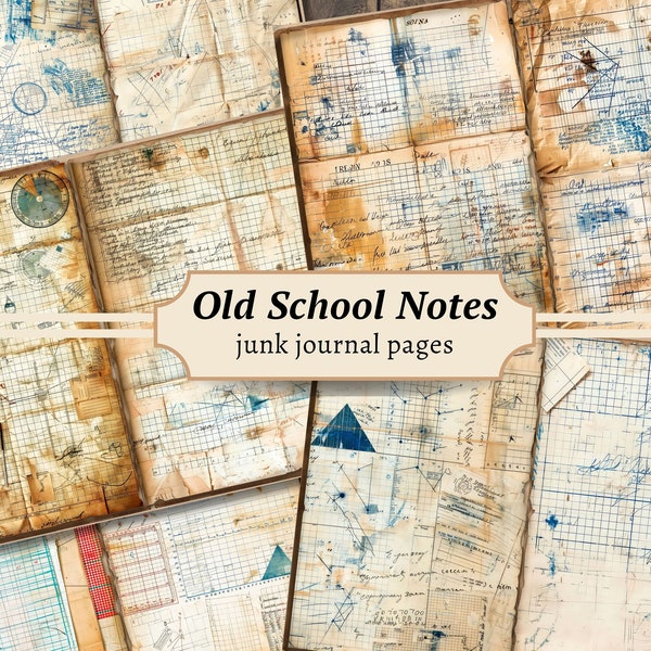 Old School Notes Junk Journal Pages, Digital Scrapbook Paper Kit, Study Printable, Scholar Graph Collage Sheet, Vintage Handwritten Ephemera