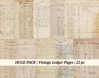 May include: A collection of 22 vintage ledger pages with handwritten entries in black ink. The pages are yellowed with age and have a distressed look. The pages are perfect for scrapbooking, journaling, or crafting.