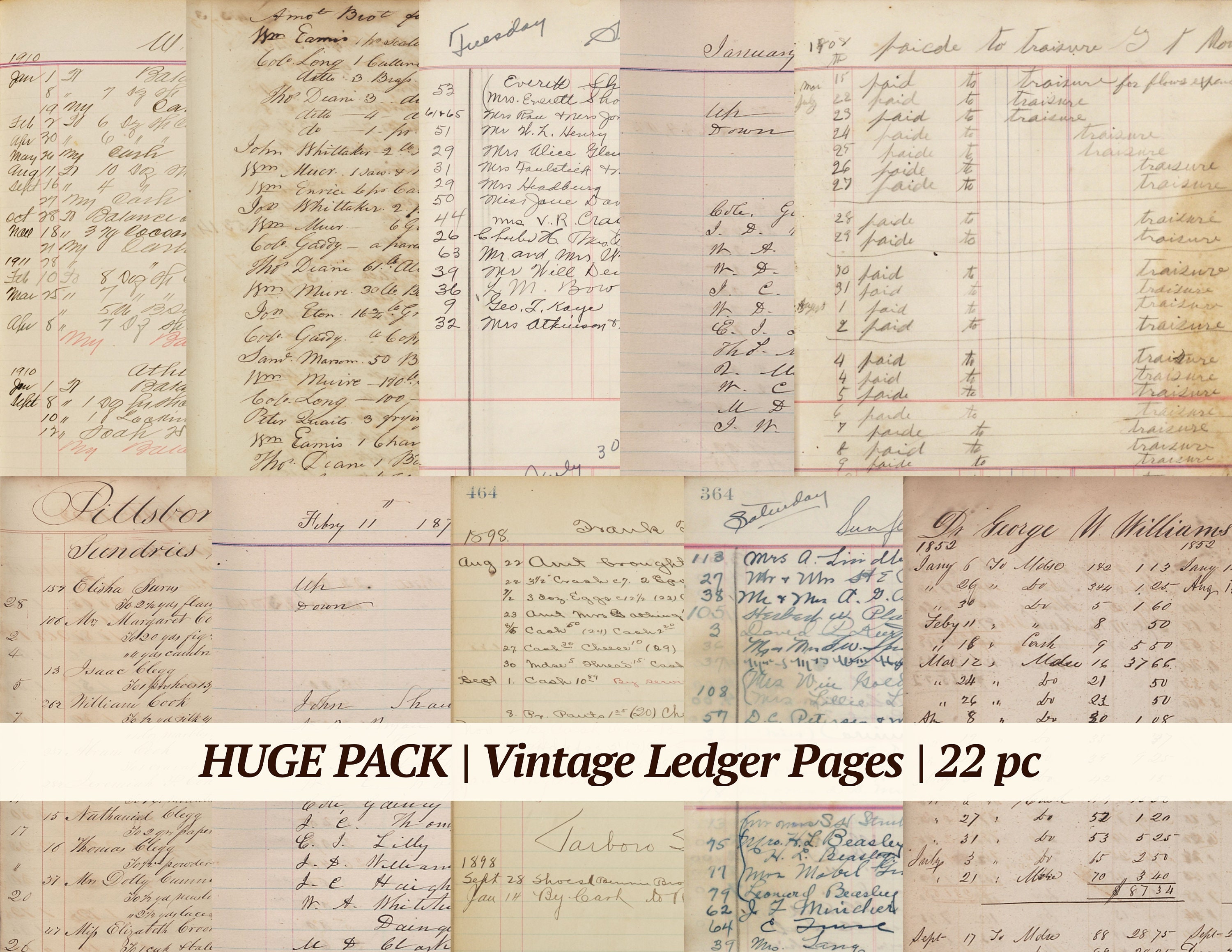 Vintage Ledger Pages | 22 pc | printable antique junk journal paper, digital collage sheet, old journaling ephemera, handwritten scrapbook