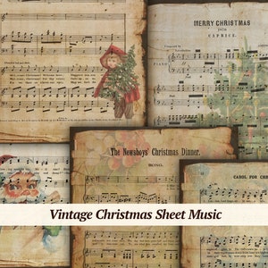 Vintage kerstbladmuziek | 5 stuks | afdrukbare pagina's met ongewenste dagboeken, plakboekpapier voor de kerstman, digitaal collagevel, antieke kerstliederen