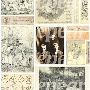 May include: A collage of vintage images featuring witches, broomsticks, and text about the discovery of witches. The images are in black and white and have a distressed, antique look.