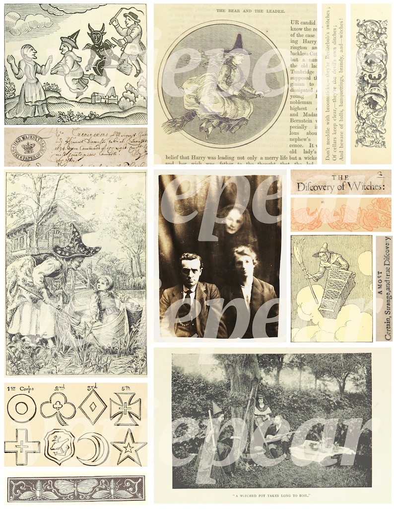 May include: A collage of vintage images featuring witches, broomsticks, and text about the discovery of witches. The images are in black and white and have a distressed, antique look.