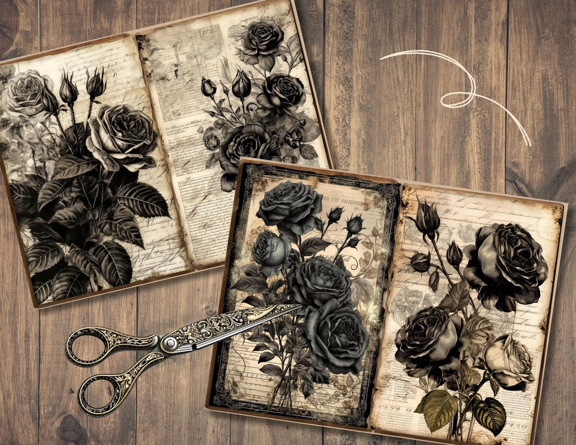 Black Roses Junk Journal Pages, Digital Scrapbook Paper Kit, Gothic ...