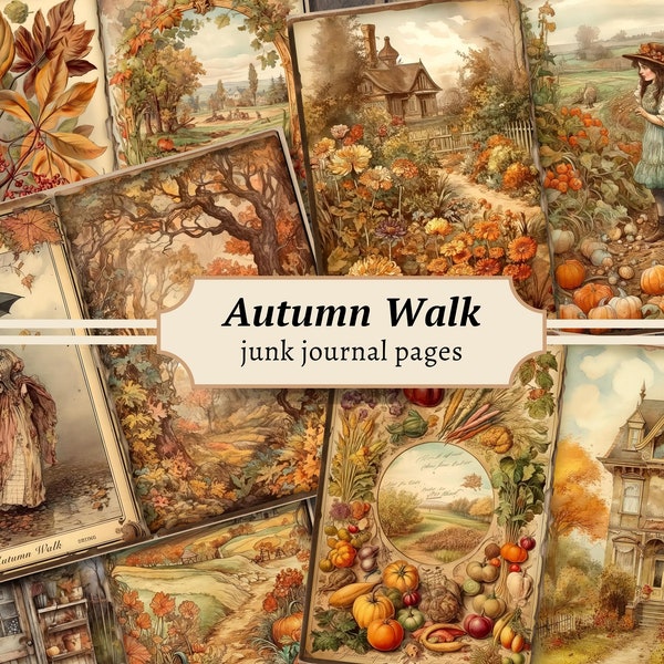 Autumn Walk Junk Journal Pages, Digital Fall Scrapbook Kit, Printable Paper, Cozy Collage Sheet, Vintage Ephemera, Pumpkin Harvest Download