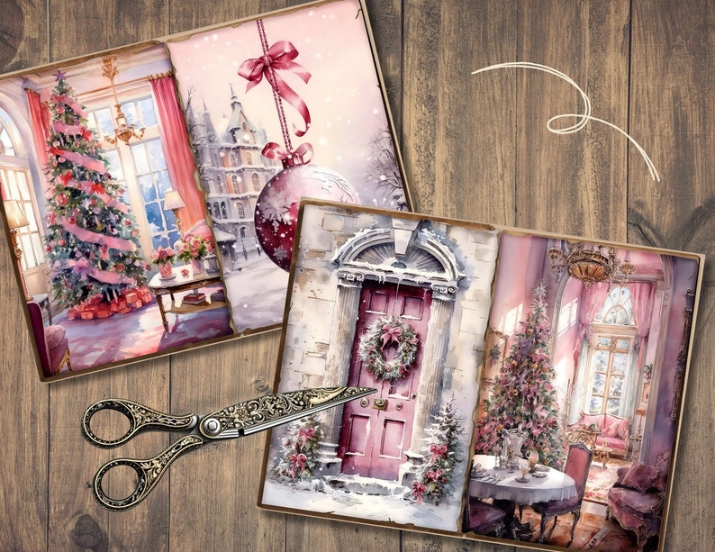 K&ouml;nnte beinhalten: Zwei Aquarelle, die Weihnachtsszenen darstellen. Das erste Bild zeigt einen rosa Weihnachtsbaum in einem Raum mit einem gro&szlig;en Fenster. Das zweite Bild zeigt eine rosa T&uuml;r mit einem Kranz und einem Weihnachtsbaum im Hintergrund.