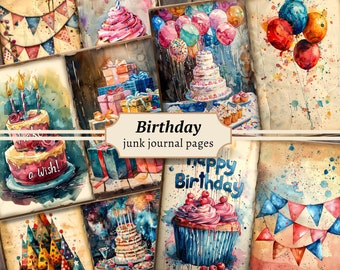 Puede incluir: Un conjunto de 10 páginas digitales imprimibles con ilustraciones de acuarela sobre temas de cumpleaños. Las páginas incluyen imágenes de pasteles, cupcakes, regalos, globos y confeti. Las páginas son perfectas para agregar a tu diario de chatarra u otras manualidades de papel.