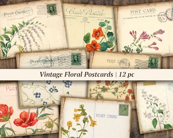 Vintage Floral Postcards | digital junk journal cards, printable botanical scrapbook ephemera, flower collage sheet, journaling ATC download
