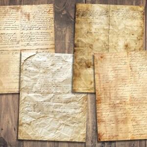 May include: Five sheets of old, yellowed, and crumpled paper with handwritten text. The paper has a vintage, antique look and feel.