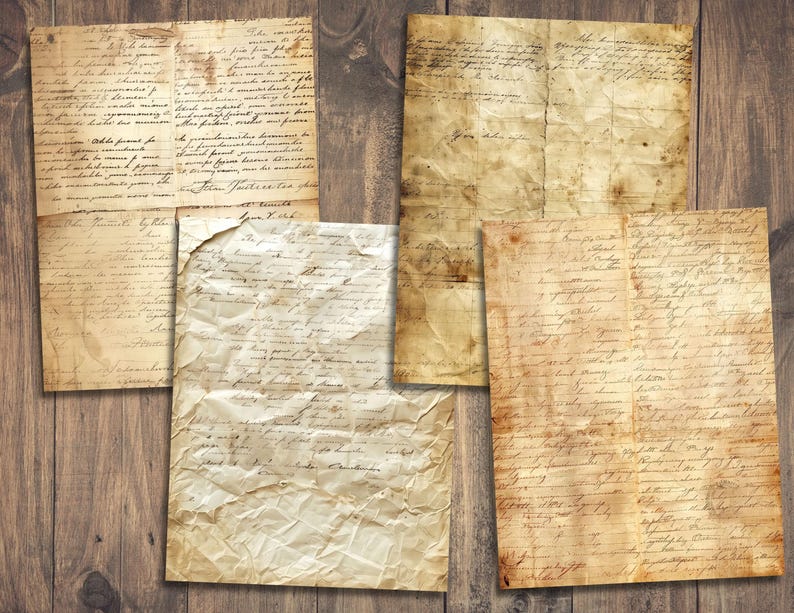 May include: Five sheets of old, yellowed, and crumpled paper with handwritten text. The paper has a vintage, antique look and feel.