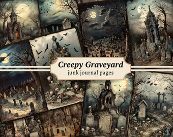 Creepy Graveyard Junk Journal Pages, Digital Scrapbook Paper Kit, Spooky Printable, Haunted Collage Sheet, Halloween Ephemera, Goth Horror