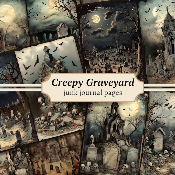 Creepy Graveyard Junk Journal Pages, Digital Scrapbook Paper Kit, Spooky Printable, Haunted Collage Sheet, Halloween Ephemera, Goth Horror