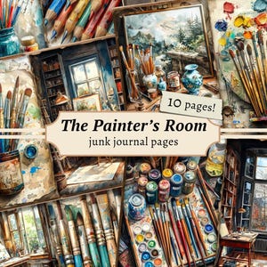 The Painter's Room Junk Journal Pages, Digital Scrapbook, Painting Paper Kit, Hobby Printable, Vintage Ephemera, Arts & Crafts Collage Sheet