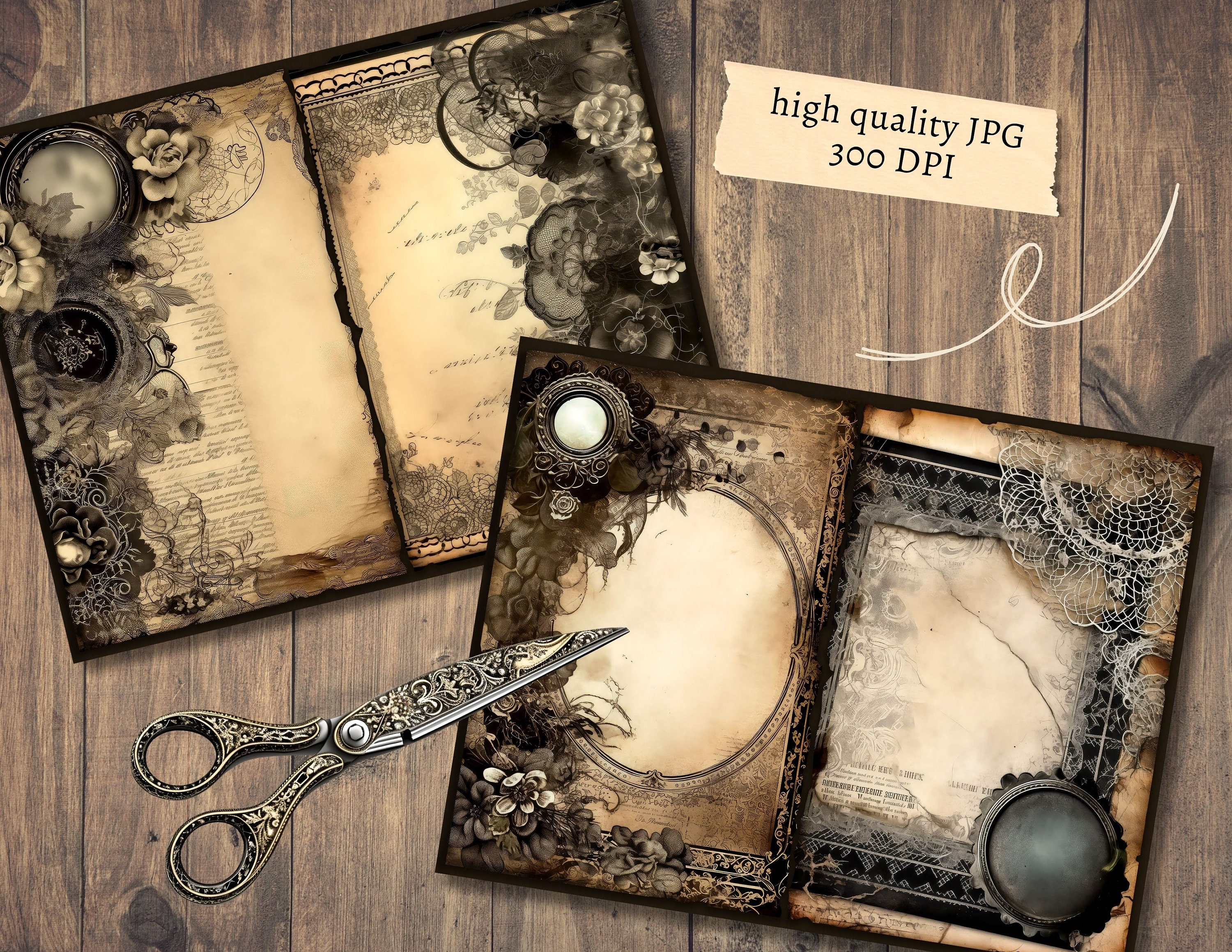 Dark Floral Junk Journal Pages, Digital Scrapbook Paper Kit, Victorian ...