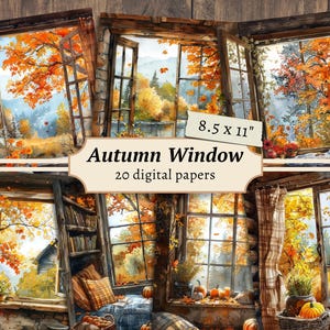 Papiers numériques pour fenêtre d'automne, kit de scrapbooking, impression d'automne confortable, page de journal indésirable, feuille de collage citrouille, cartes feuilles, éphémères vintage
