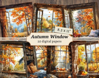 Autumn Window Digital Papers, Scrapbook Kit, Cozy Fall Printable, Junk Journal Page, Pumpkin Collage Sheet, Leaves Cards, Vintage Ephemera