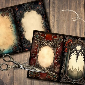 May include: Three printable digital scrapbook paper designs with ornate frames and vintage textures. The papers feature a dark blue, red, and green color scheme with gold accents.