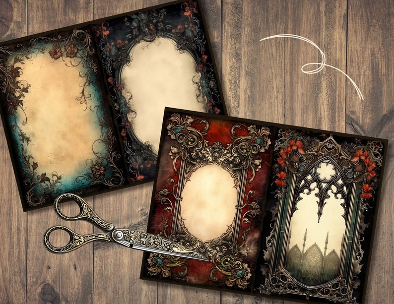 May include: Three printable digital scrapbook paper designs with ornate frames and vintage textures. The papers feature a dark blue, red, and green color scheme with gold accents.