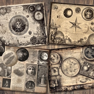 Puede incluir: Cuatro p&aacute;ginas de papel de estilo vintage con ilustraciones celestes y astron&oacute;micas. Las p&aacute;ginas presentan una calavera, estrellas, planetas y otros cuerpos celestes. Las p&aacute;ginas est&aacute;n impresas en papel texturizado con un aspecto desgastado.