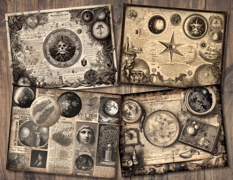 Puede incluir: Cuatro p&aacute;ginas de papel de estilo vintage con ilustraciones celestes y astron&oacute;micas. Las p&aacute;ginas presentan una calavera, estrellas, planetas y otros cuerpos celestes. Las p&aacute;ginas est&aacute;n impresas en papel texturizado con un aspecto desgastado.