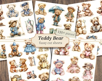 May include: A digital paper pack with 135+ fussy cut images of teddy bears in various poses and outfits. The images are in watercolor style and feature a variety of colors, including pink, blue, green, and brown. The pack is perfect for scrapbooking, card making, and other craft projects.