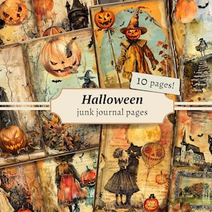 Halloween Junk Journal Pages, Digital Scrapbook Paper Kit, Spooky Printable, Vintage Ephemera, Pumpkin Collage Sheet, Gothic Backgrounds