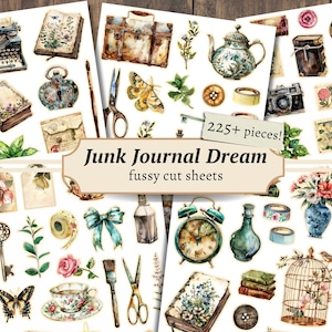 Junk Journal Dream Fussy Cuts, digitale kortstondige gebeurtenissen, afdrukbare boeken, vintage stickers, plannerkit, plakboekpapier, Bujo Crafts, collagevel