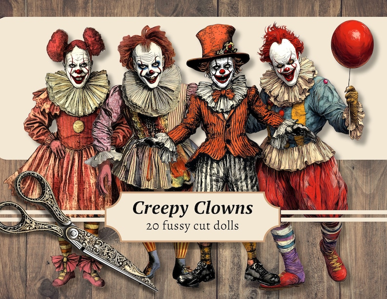 Creepy Clown Paper Dolls, Circus Fussy Cuts, Digital Ephemera, Vintage ...