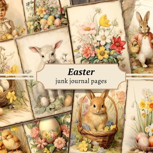 Pages de journal indésirable de Pâques, kit de papier de scrapbooking numérique, fleur imprimable, lapin aquarelle, feuille de collage floral, téléchargement vintage de printemps