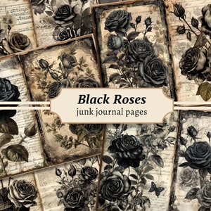 Black Roses Junk Journal Pages, digitale plakboekkit, afdrukbaar gotisch, collageblad bloem, vintage efemere verschijnselen, download donkere grunge
