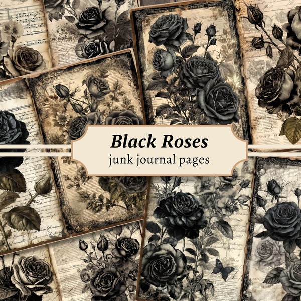 Black Roses Junk Journal Pages, Digital Scrapbook Paper Kit, Gothic Printable, Flower Collage Sheet, Vintage Ephemera, Dark Grunge Download